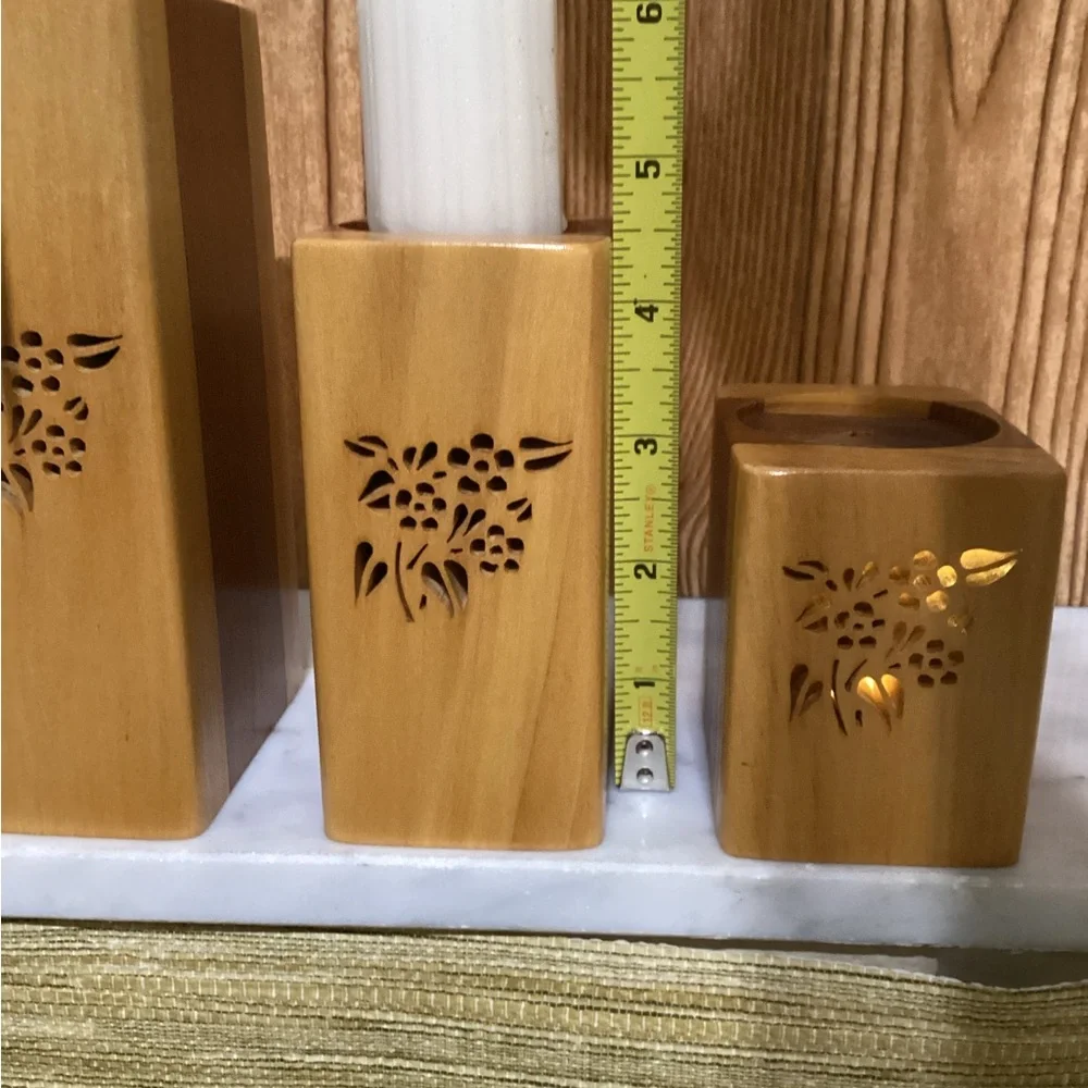 Hand Carved Wooden Graduated Candle Holders with open carving